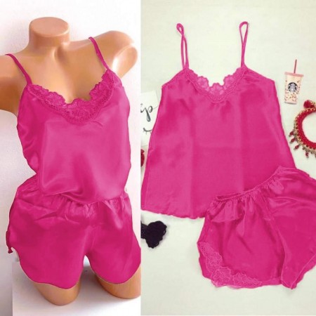 Pijama dama ieftina primavara-vara roz inchis Lady cu model dantelat